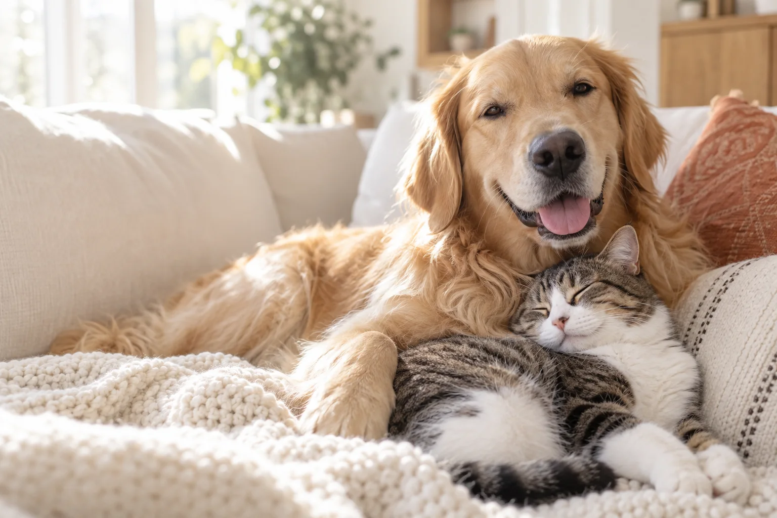 陽の差す部屋で寄り添う犬と猫