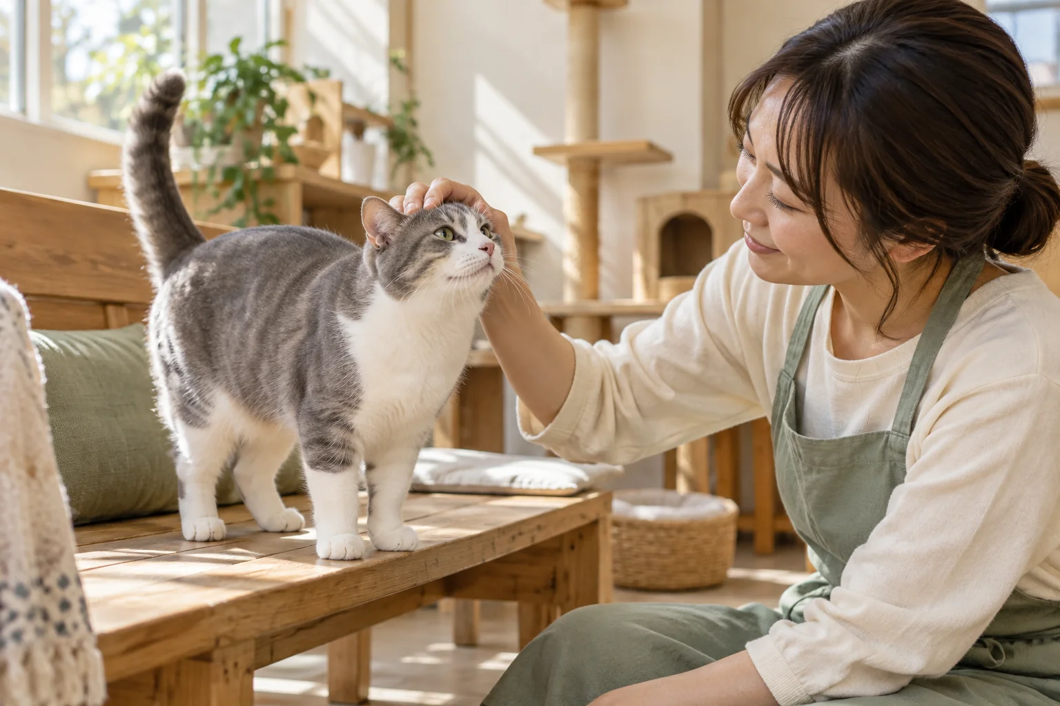 保護猫に寄り添うスタッフの生成イメージ